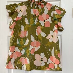 THML Anthropologie Sleeveless Smocked Neck Ruffle Green Floral Top Blouse small